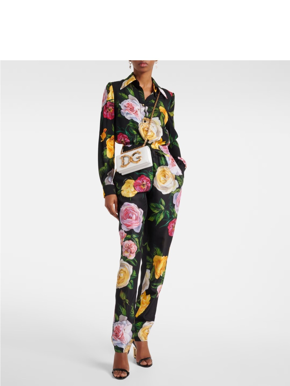 Dolce & Gabbana Black Satin Peonies and Roses Iconic Print w/red side stripes
